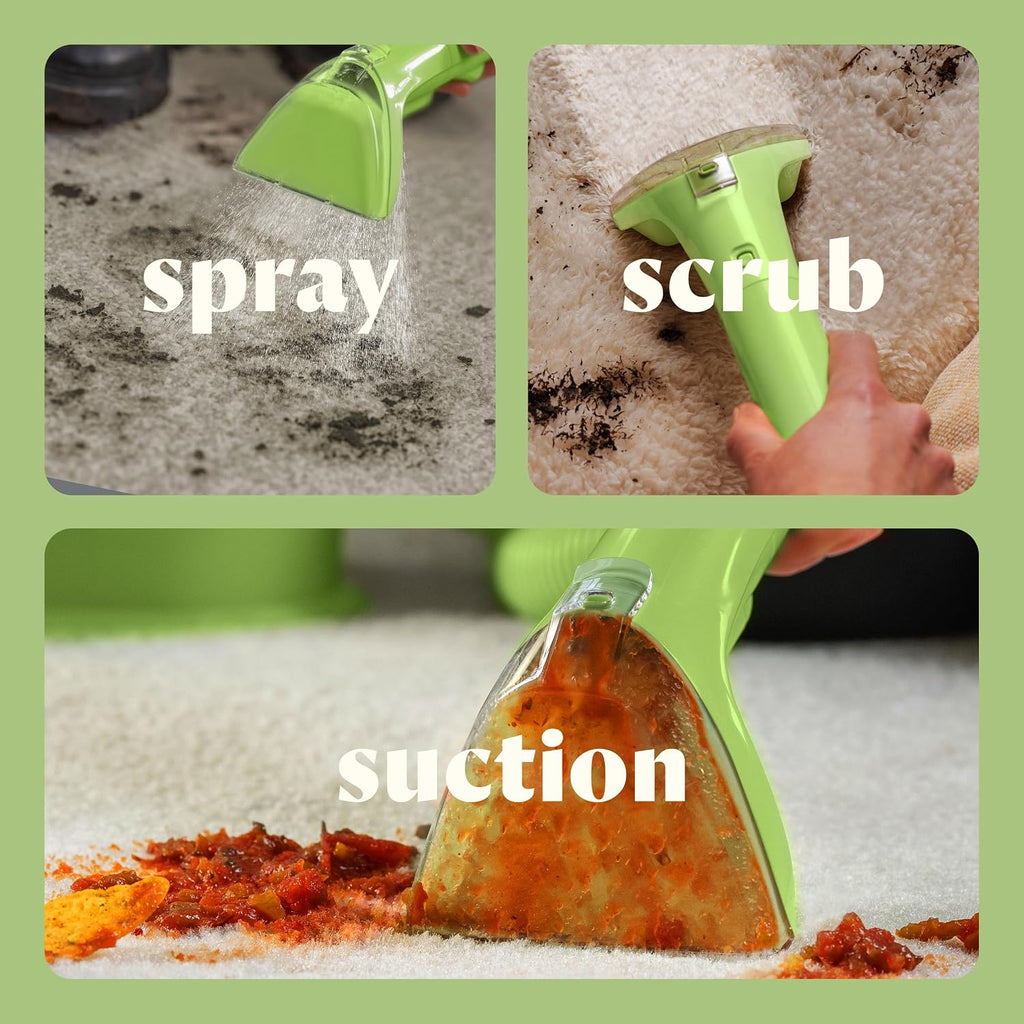 BISSELL Little Green Mini spray, scrub and suction cleaning steps