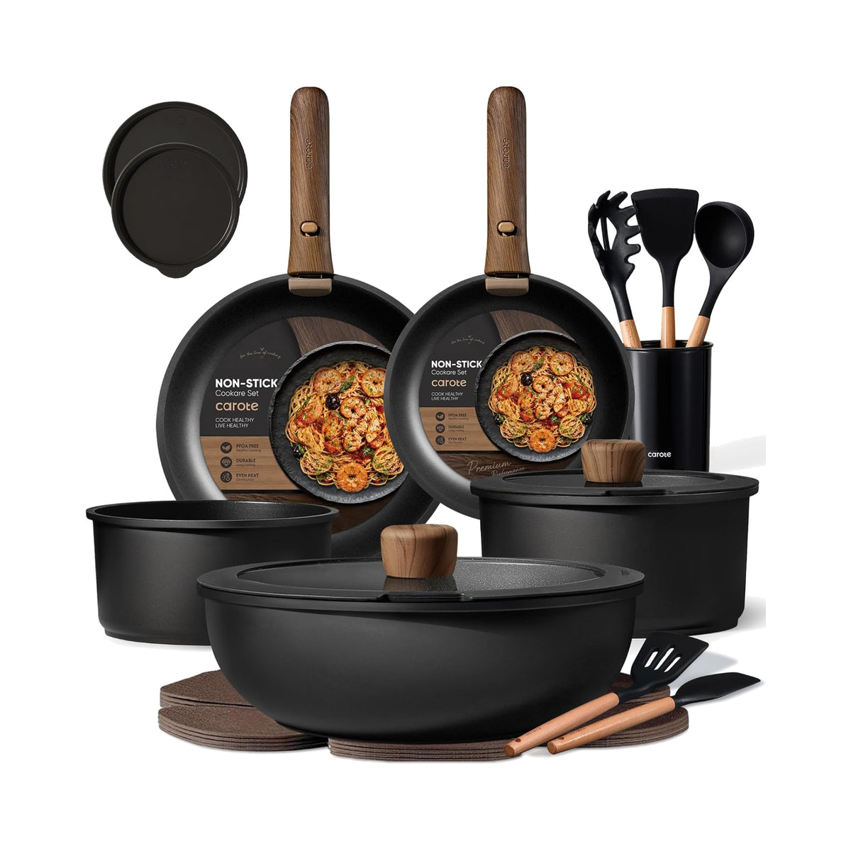 CAROTE 21-piece black nonstick cookware set with detachable handles and utensils