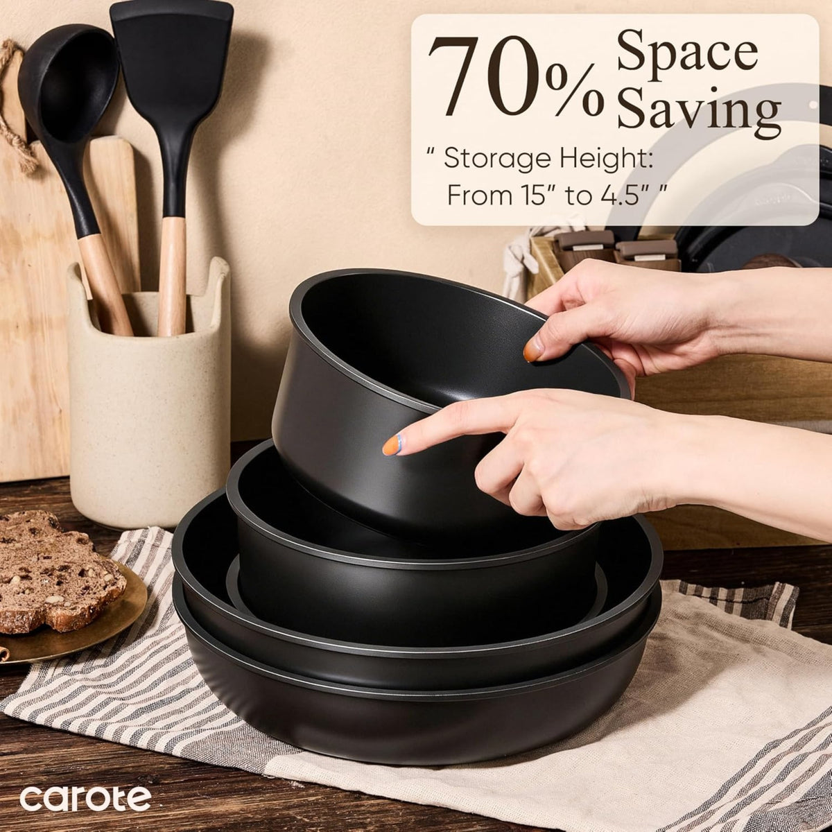 CAROTE pans stacked for storage with handles removed