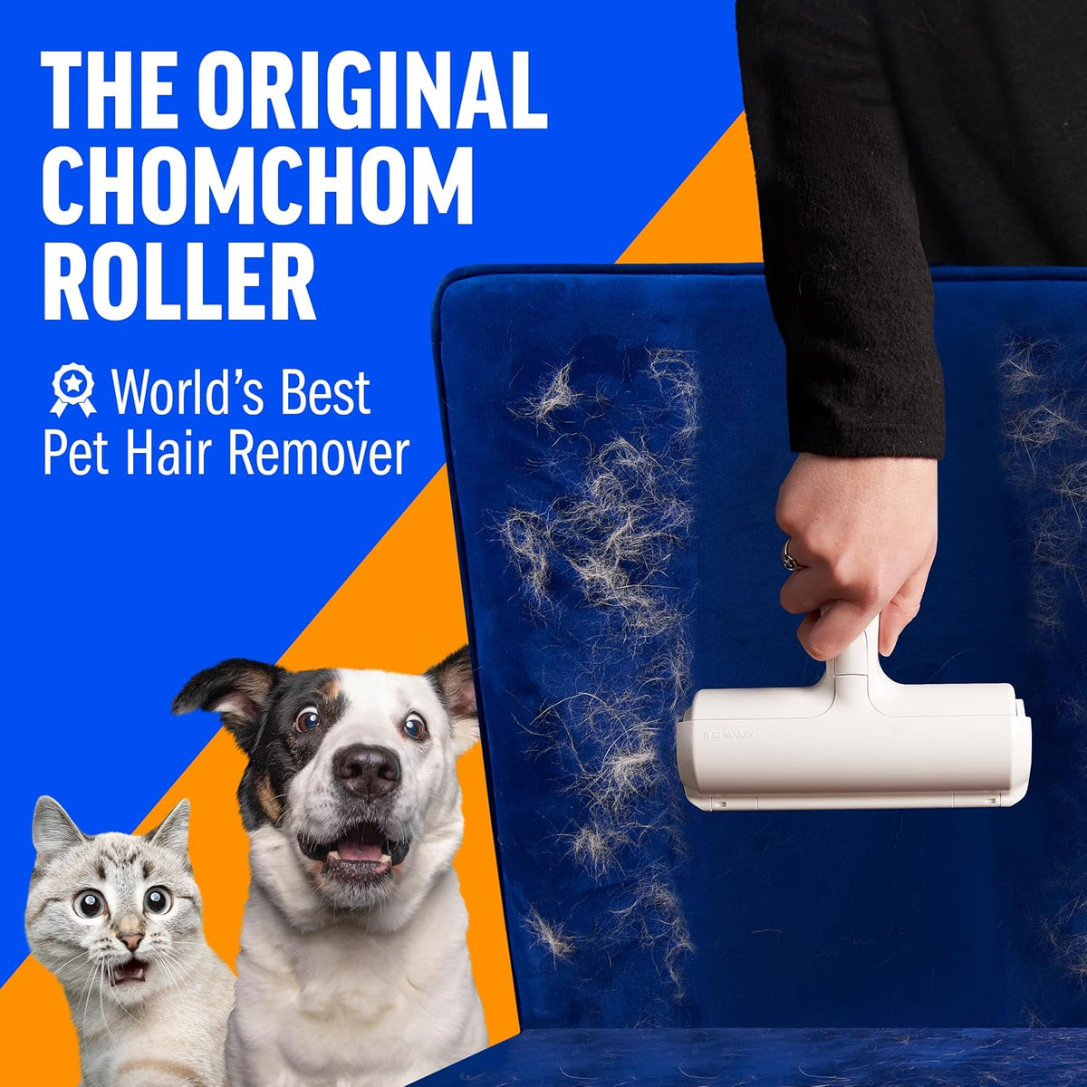 The original ChomChom Roller with a dog and cat on the couch