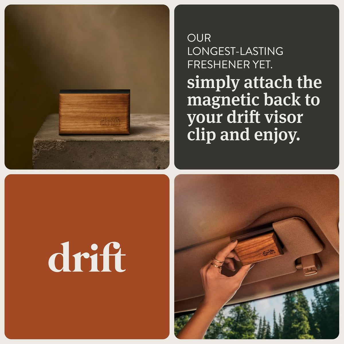 Drift magnetic vent clip attaches the wood freshener in seconds