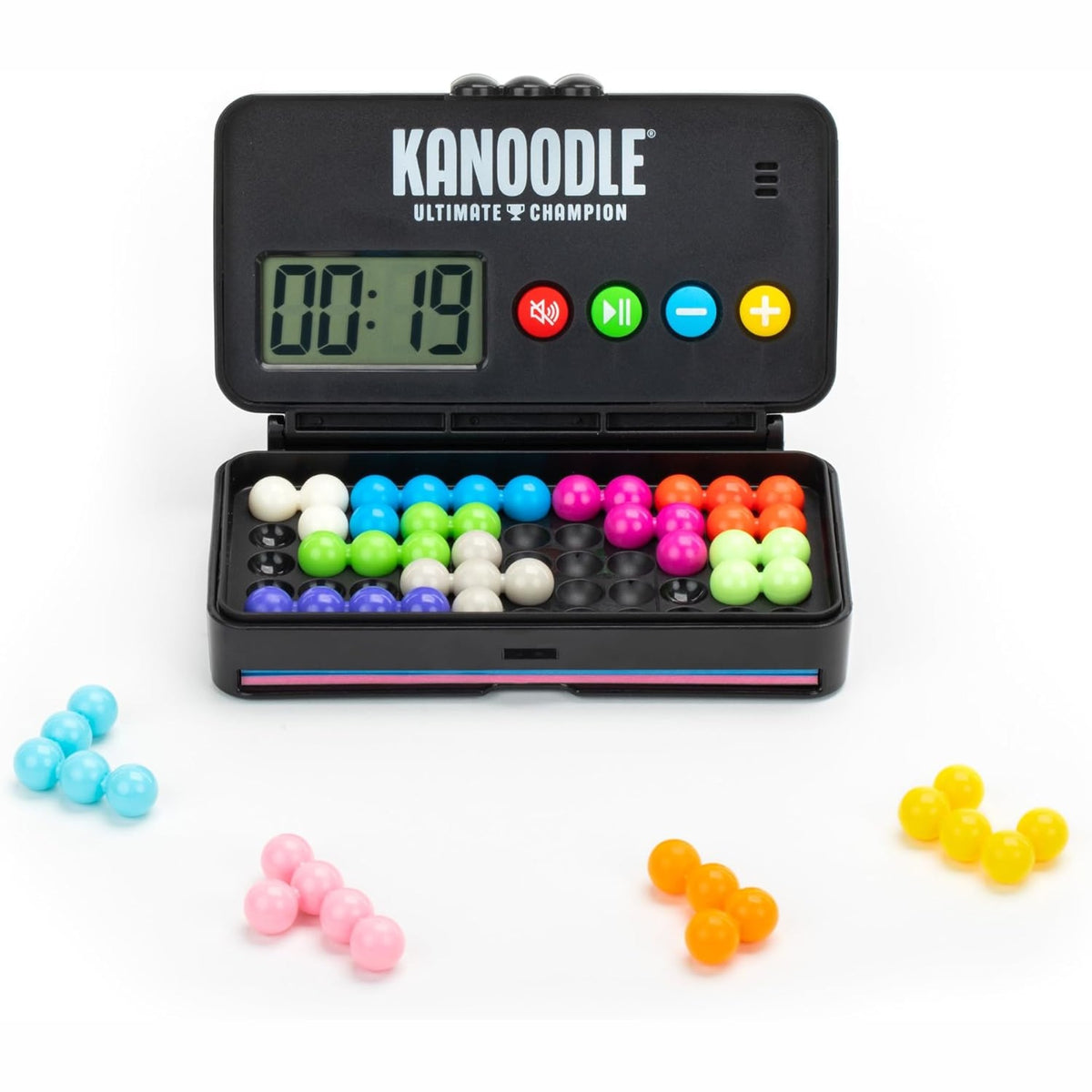 Kanoodle Ultimate Champion case with colorful puzzle pieces and timer