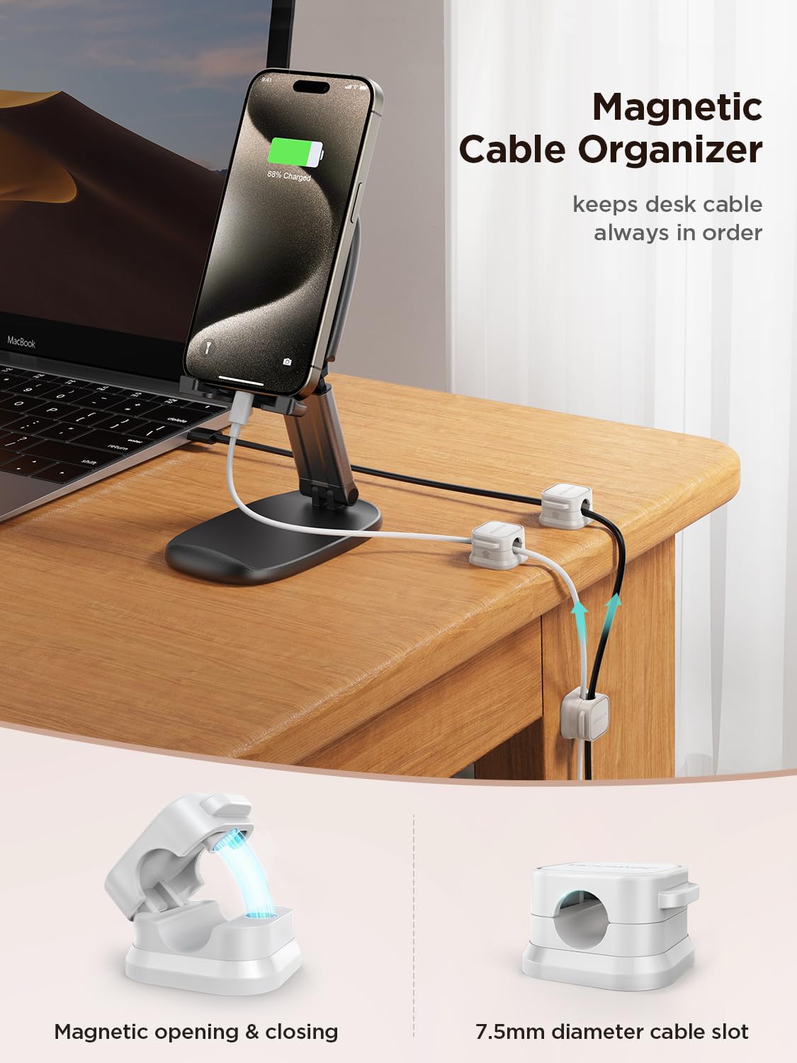 JOYROOM magnetic cable organizer on a desk holding charger cables