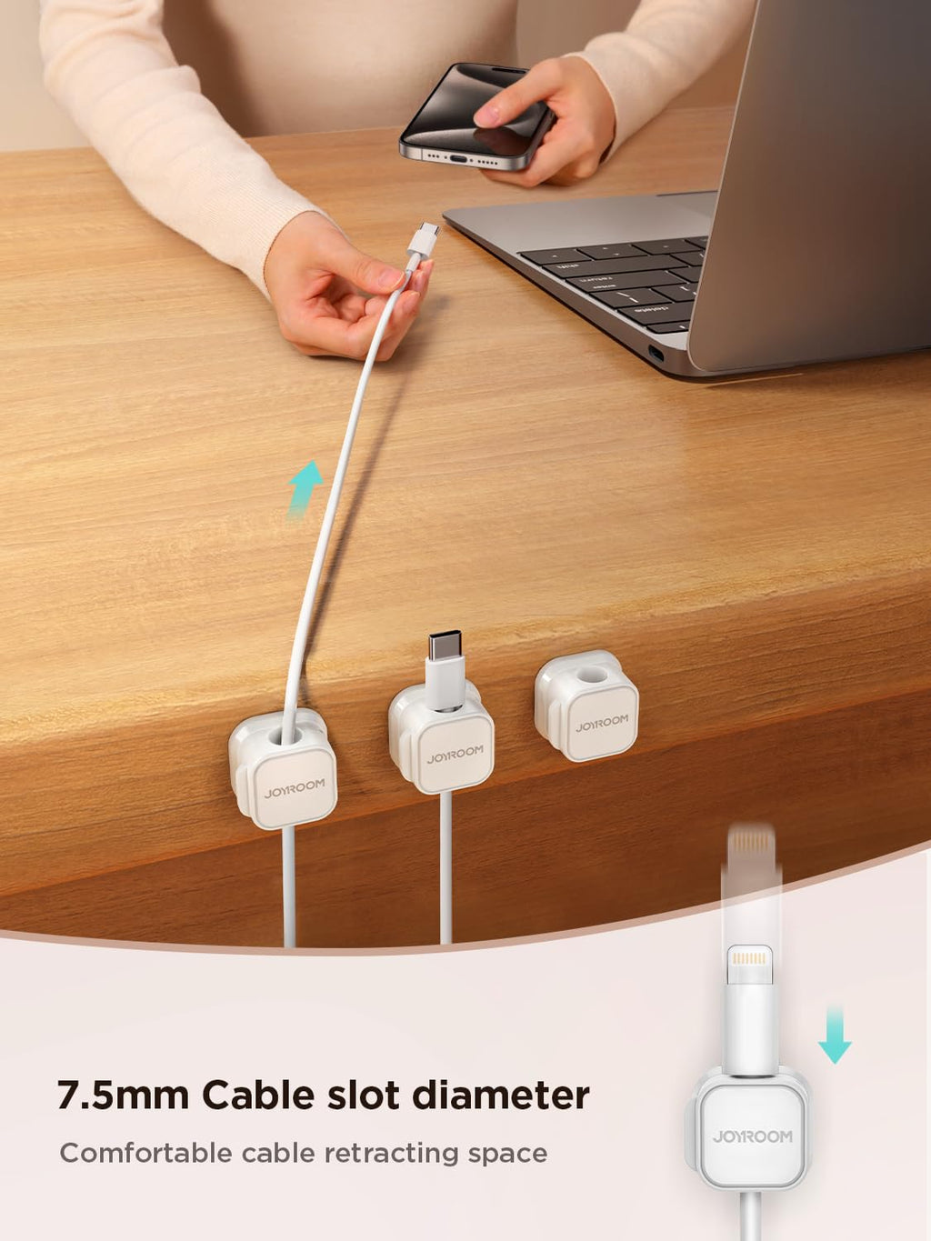 Grabbing a charging cable from a JOYROOM clip with one hand