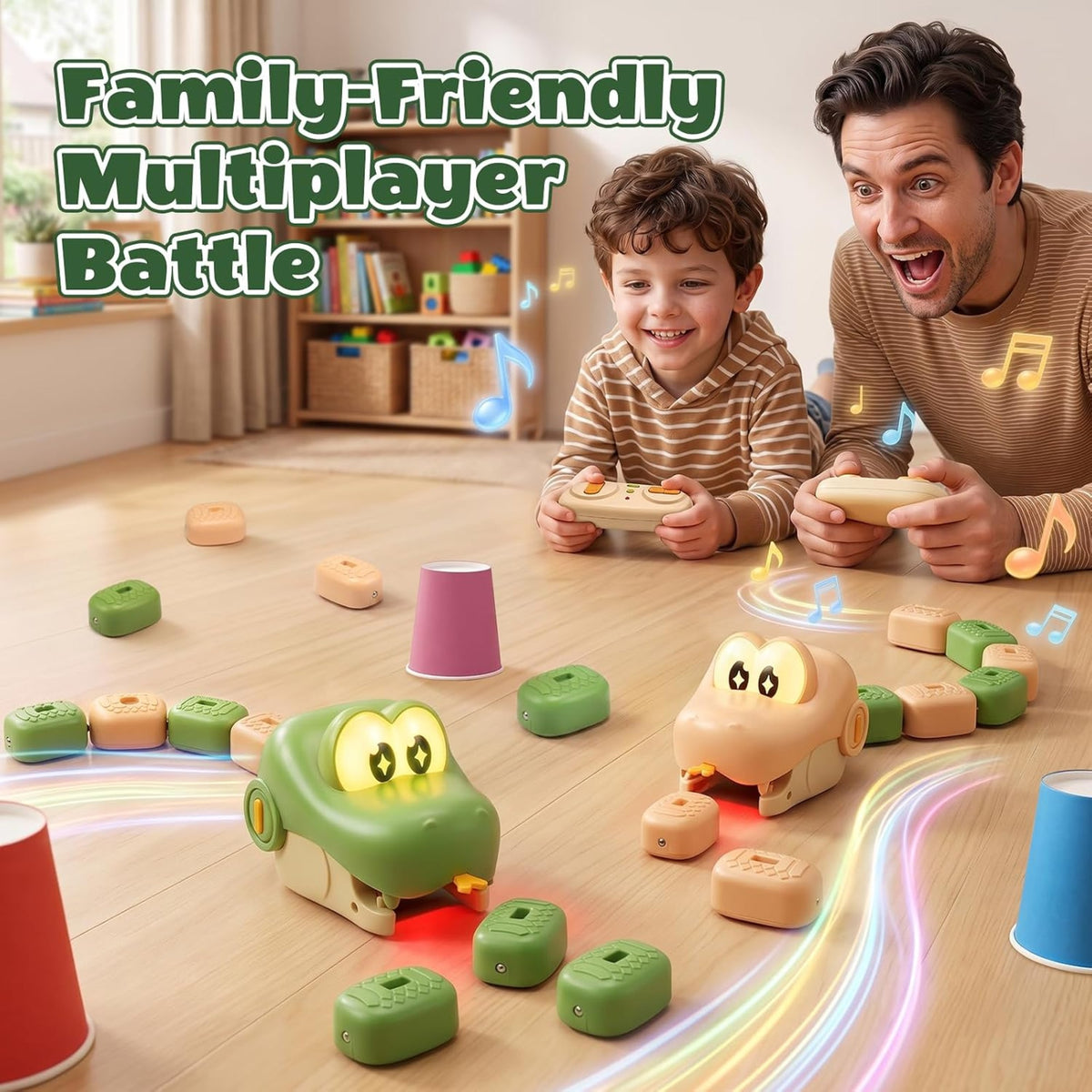 Parent and child racing the two RC snakes on the living room floor
