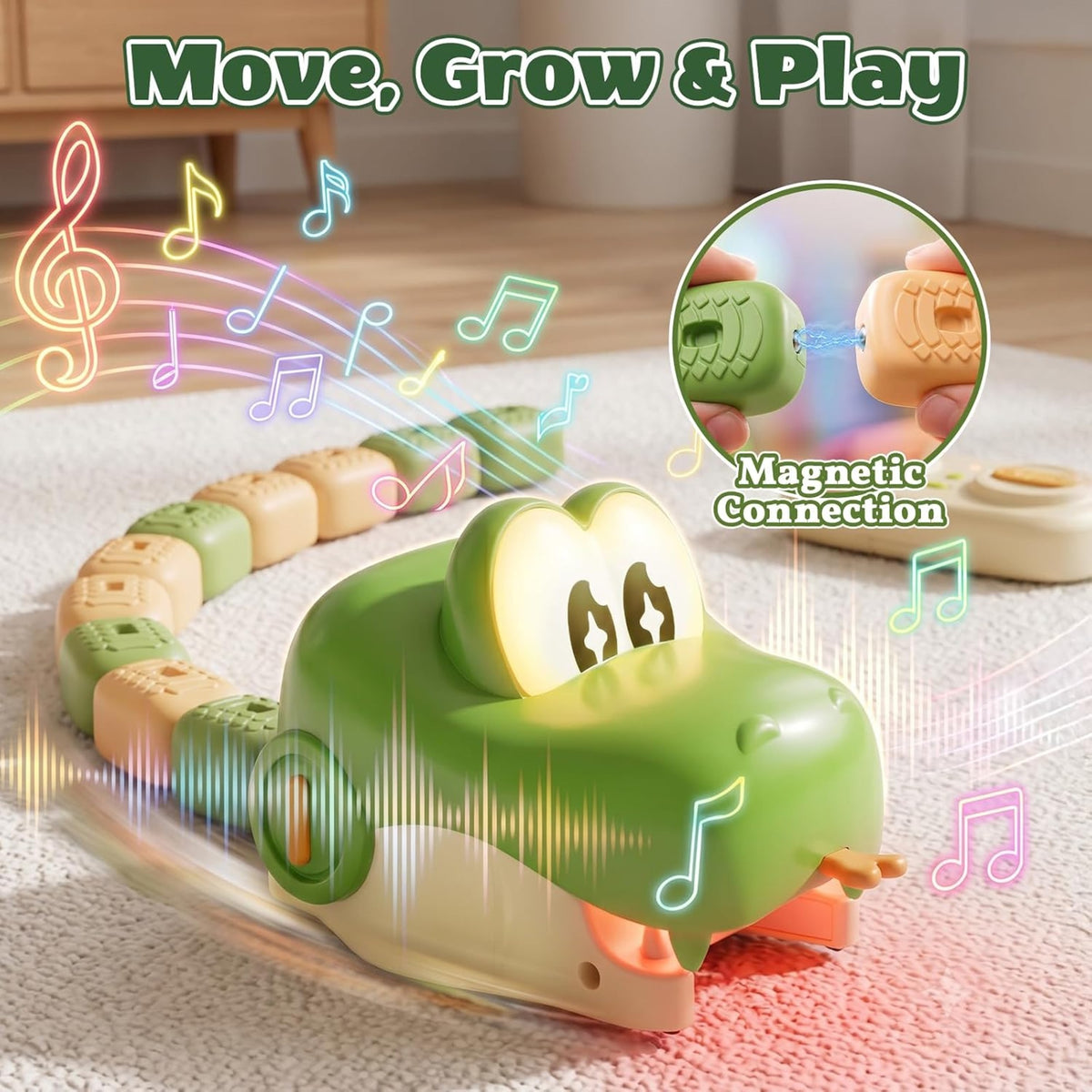 RC snake connecting magnetic blocks as it grows longer