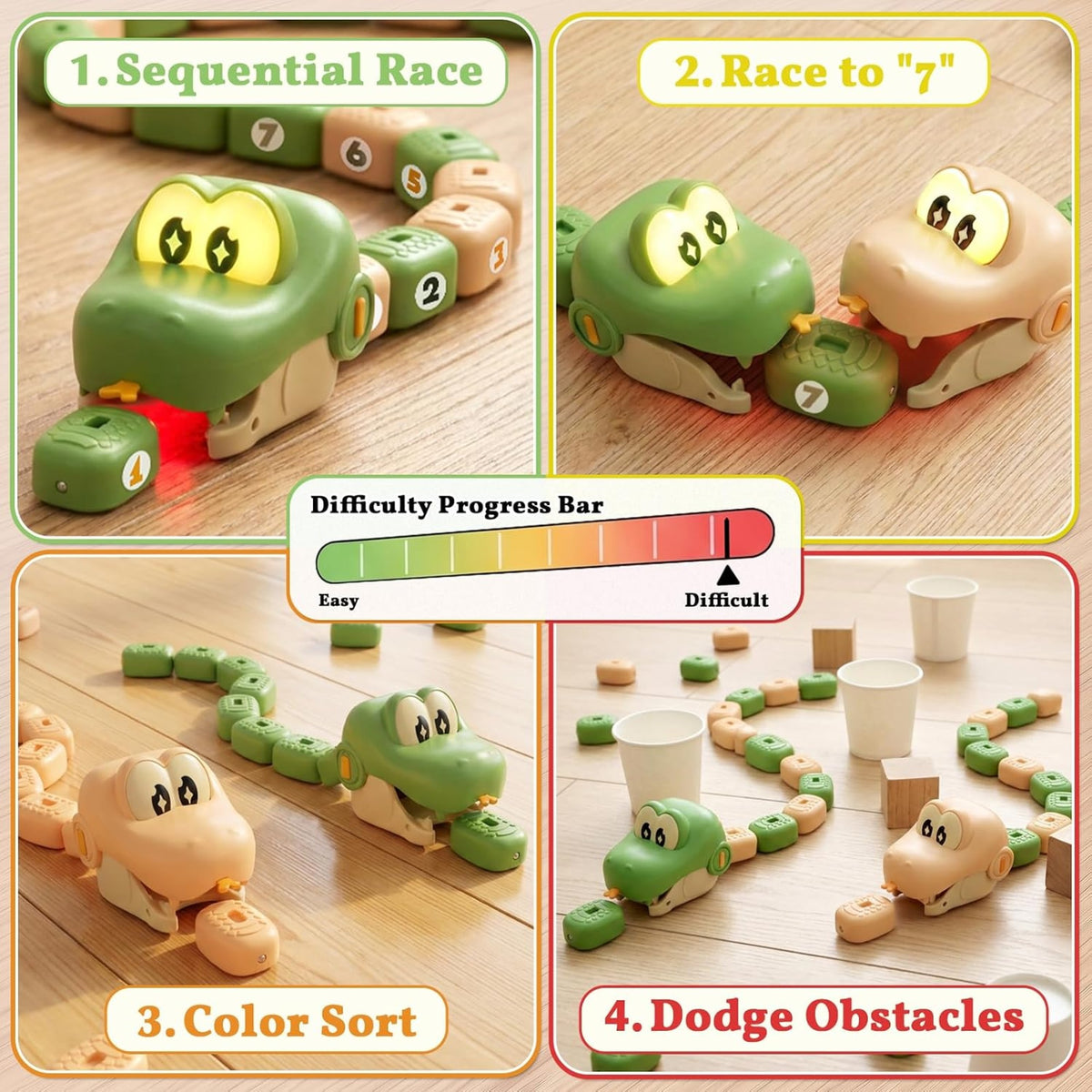 Game modes: sequential race, race to a number, color sort and obstacles