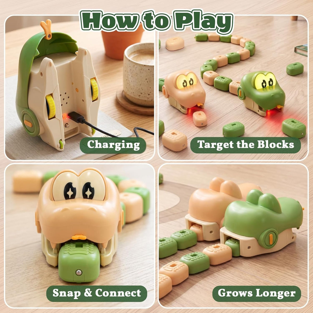How to play: charge, target the blocks, snap and connect, grow longer