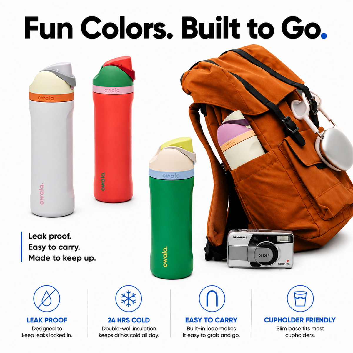 Owala FreeSip water bottles in multiple colors packed in a gym bag