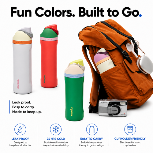 Owala FreeSip water bottles in multiple colors packed in a gym bag