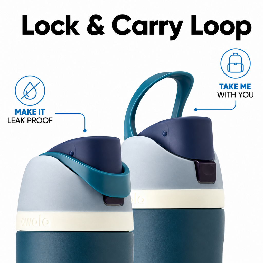 Owala FreeSip lid with built-in carry loop and push-button lock