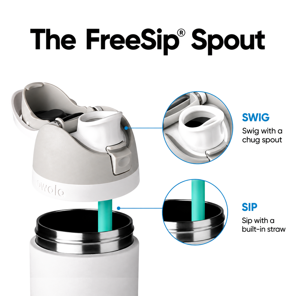 Owala FreeSip two-way spout for sipping through the straw or swigging