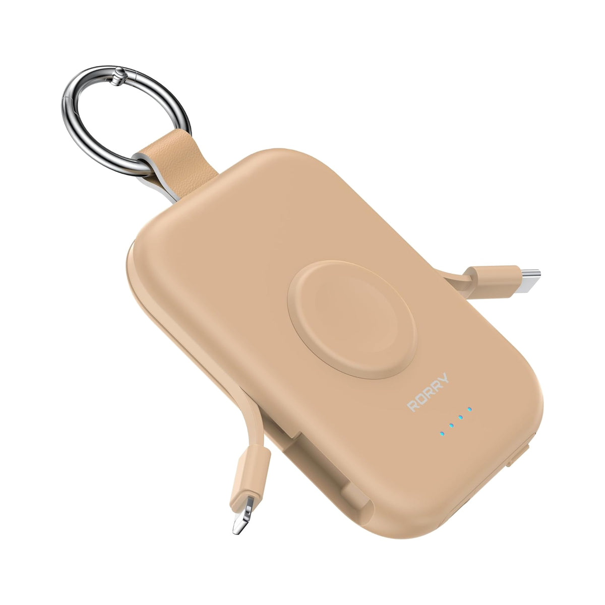 RORRY CharmGo portable charger in honey beige with keyring and built-in cable