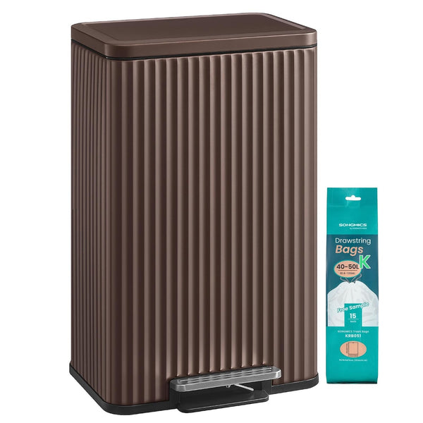 SONGMICS fluted stainless steel kitchen trash can in brown with starter bags