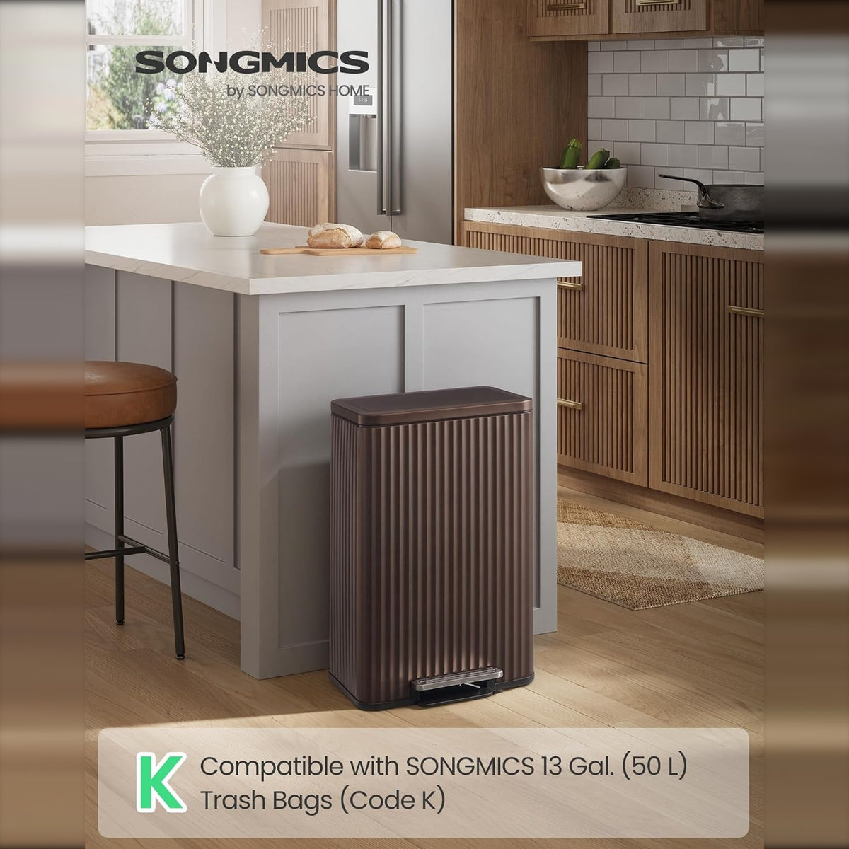 Brown fluted trash can in a modern kitchen