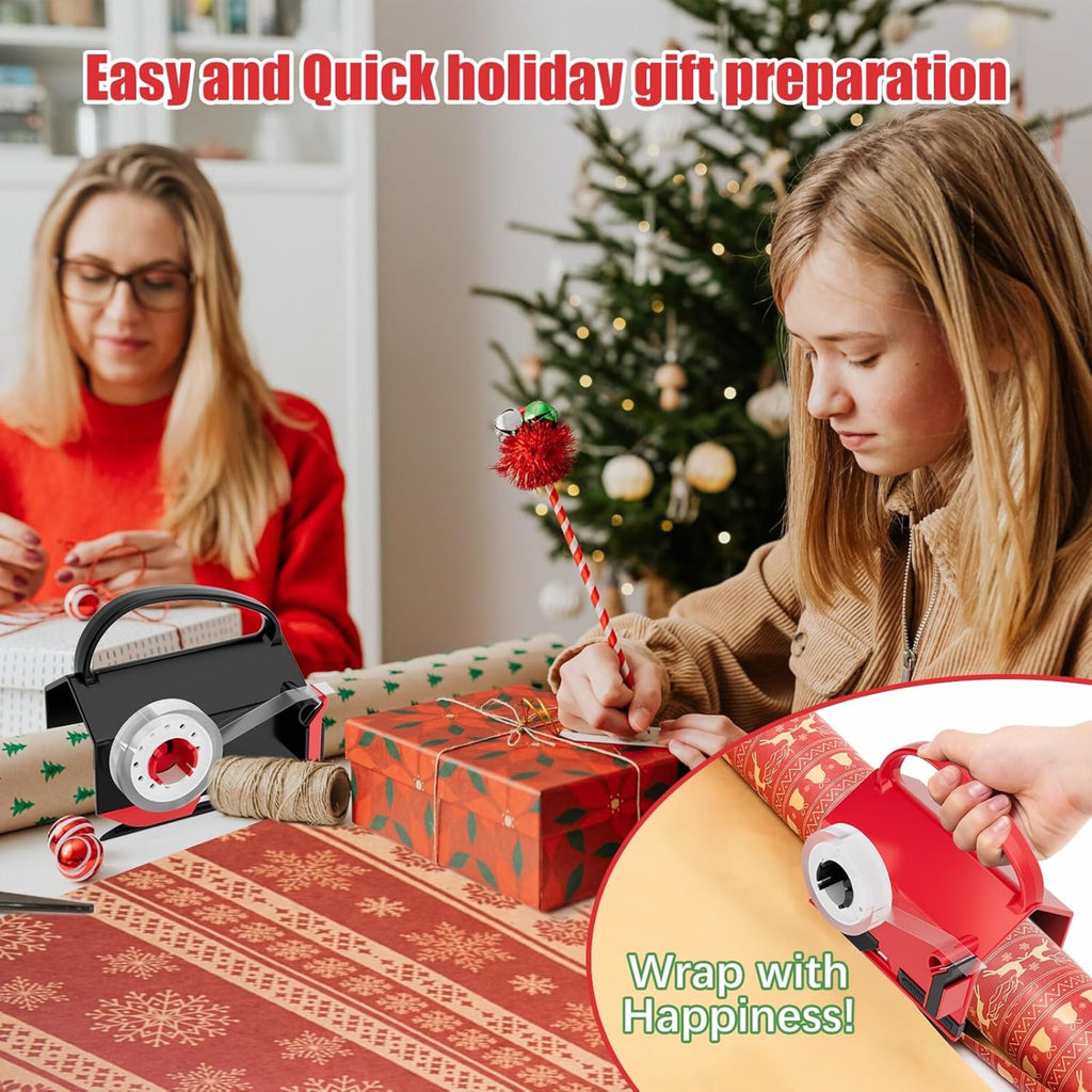 Two people wrapping holiday gifts with the cutter