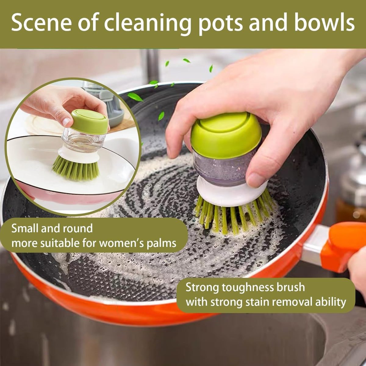 Soap-dispensing dish brush scrubbing a frying pan