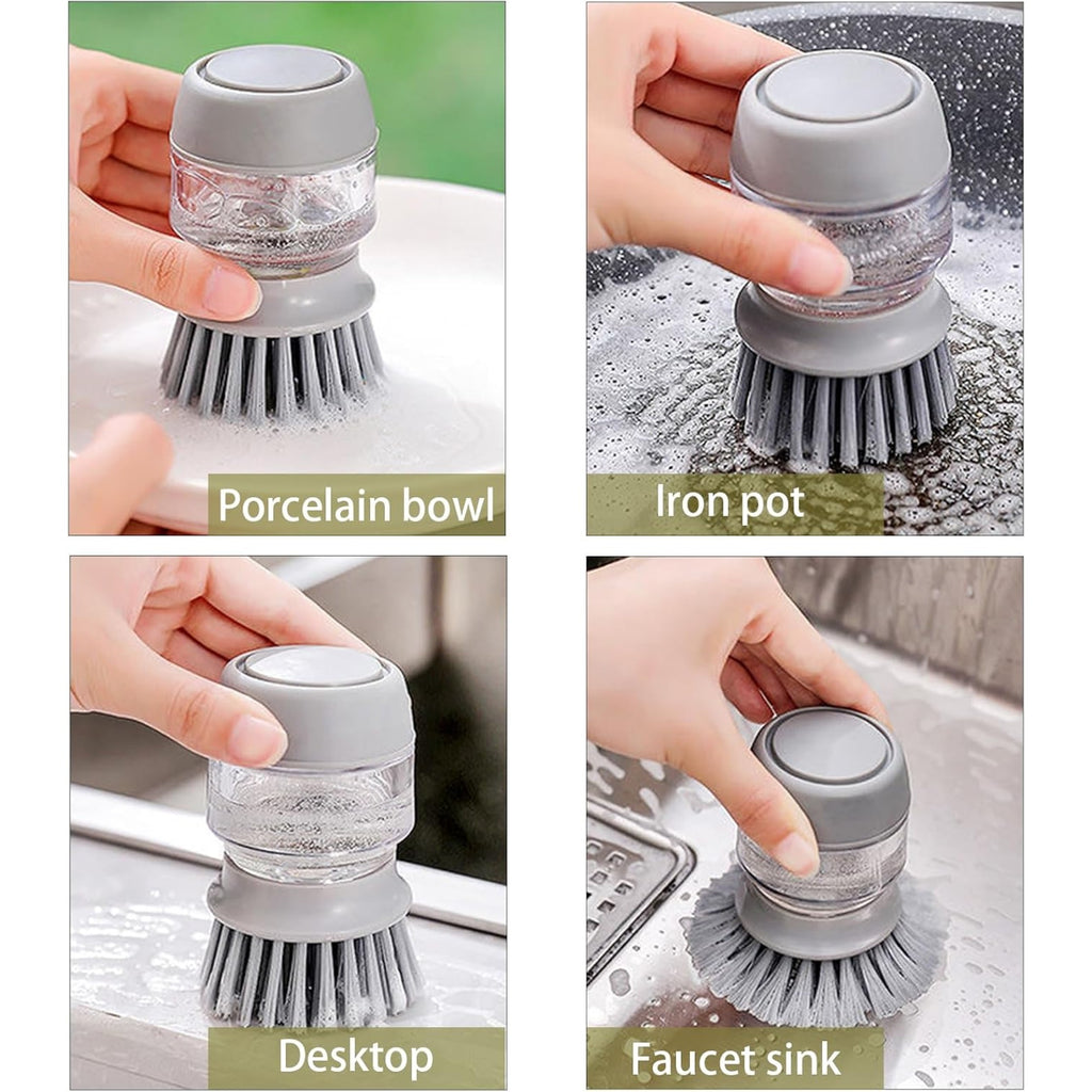 Dish brush cleaning a bowl, pot, countertop and sink
