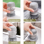 Dish brush cleaning a bowl, pot, countertop and sink