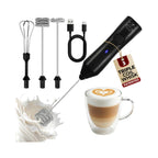Zulay Kitchen black rechargeable milk frother with three whisk heads and USB-C cable