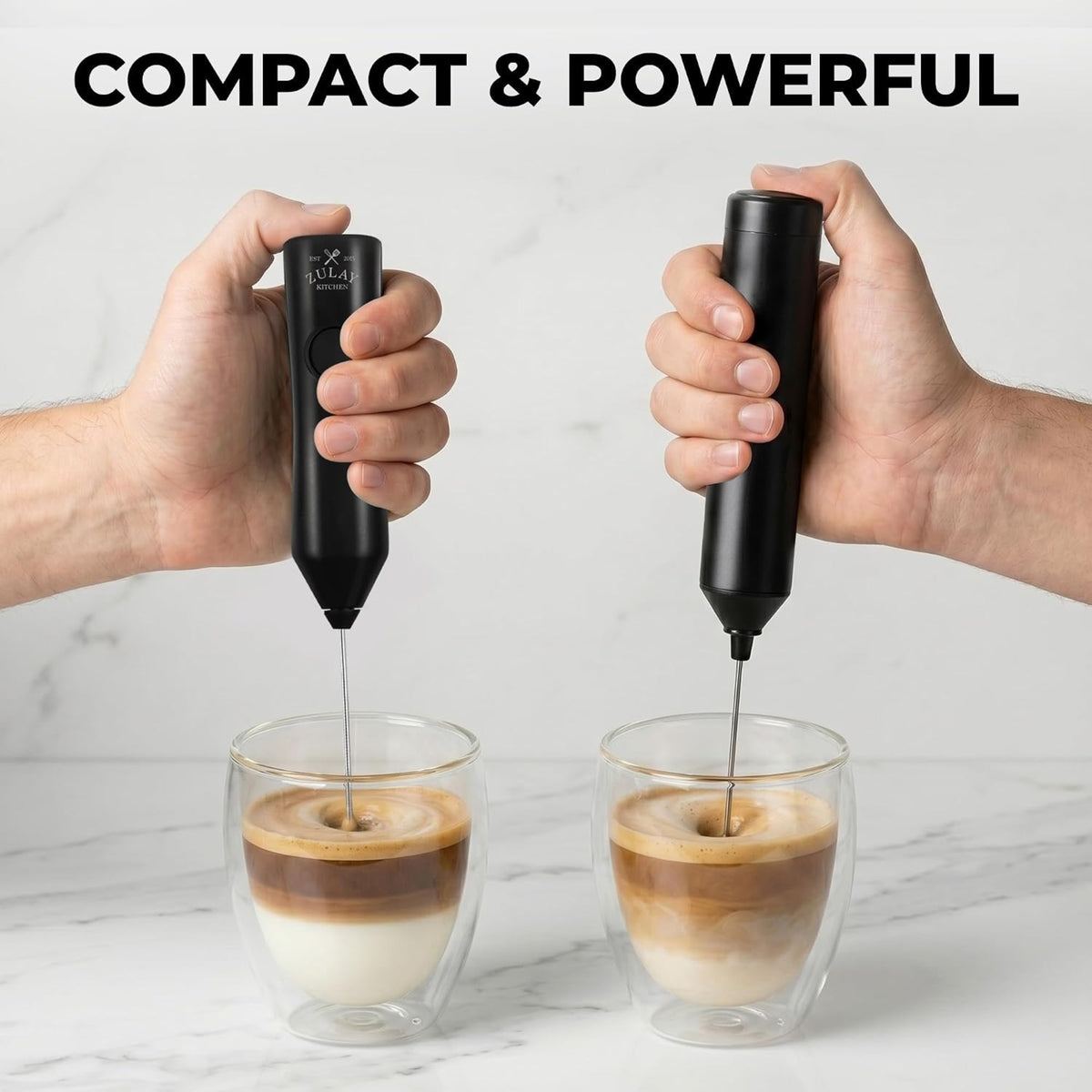 Two Zulay frothers whisking drinks